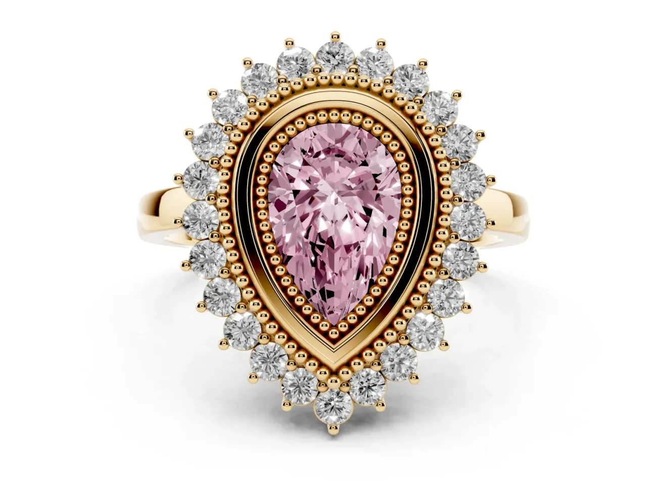 Fancy Pink Pear Cut Diamond Halo Ring Set in Yellow gold with Milgrain Edge and Round Prong Setting