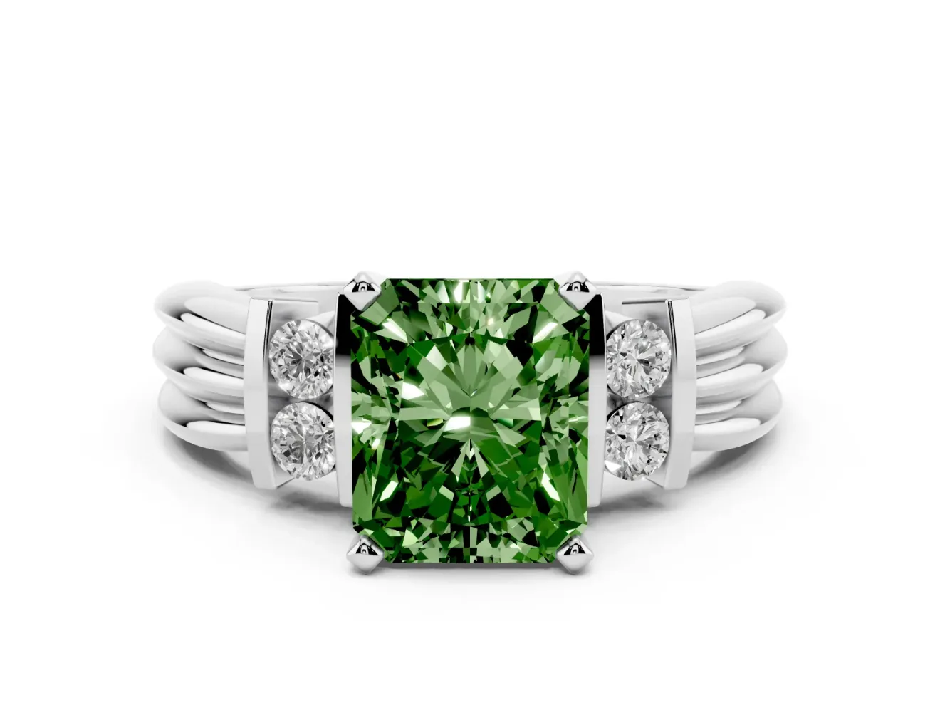 Fancy Green Three-Stone Radiant Cut Diamond Channel Set Ring Set in Platinum with Bar Prongs
