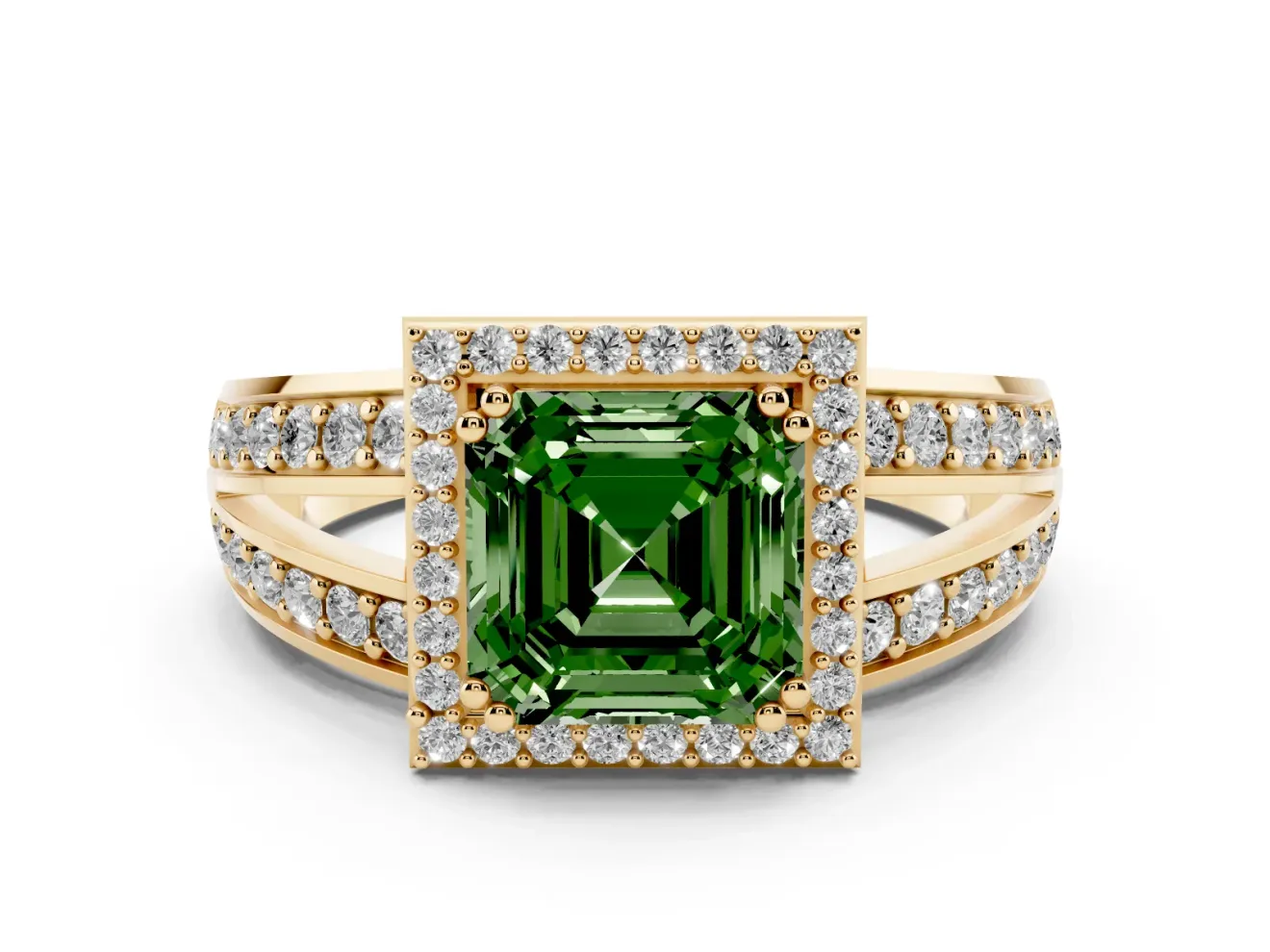 Asscher Cut Halo Engagement Ring Setting for a Fancy Green Lab-Grown Diamond | Two-Row Pave Split Shank | Yellow Gold