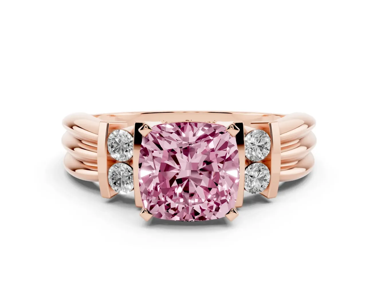 Fancy Pink Three-Stone Cushion Cut Diamond Channel Set Ring Set in Rose gold with Bar Prongs