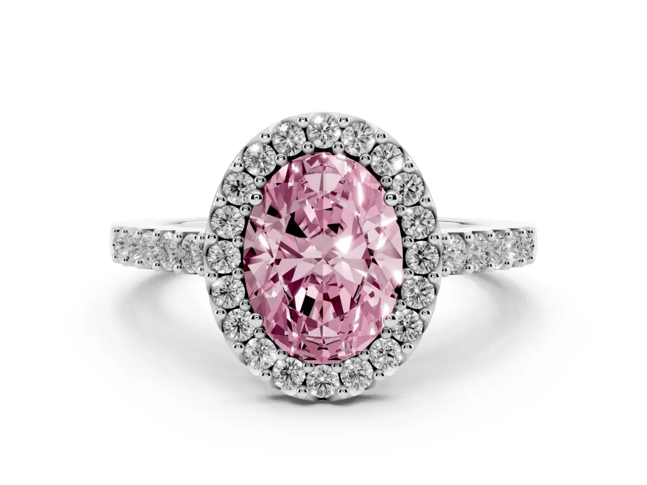 Fancy Pink Oval Cut Diamond Halo Pavé Solitaire Ring Set in Silver with Prong-Set Center Stone