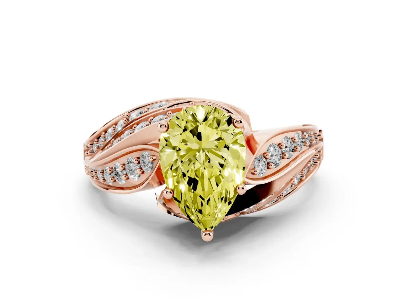 Fancy Yellow Pear Cut Diamond Solitaire Ring Set in Rose gold with Layered Twist Pavé Band