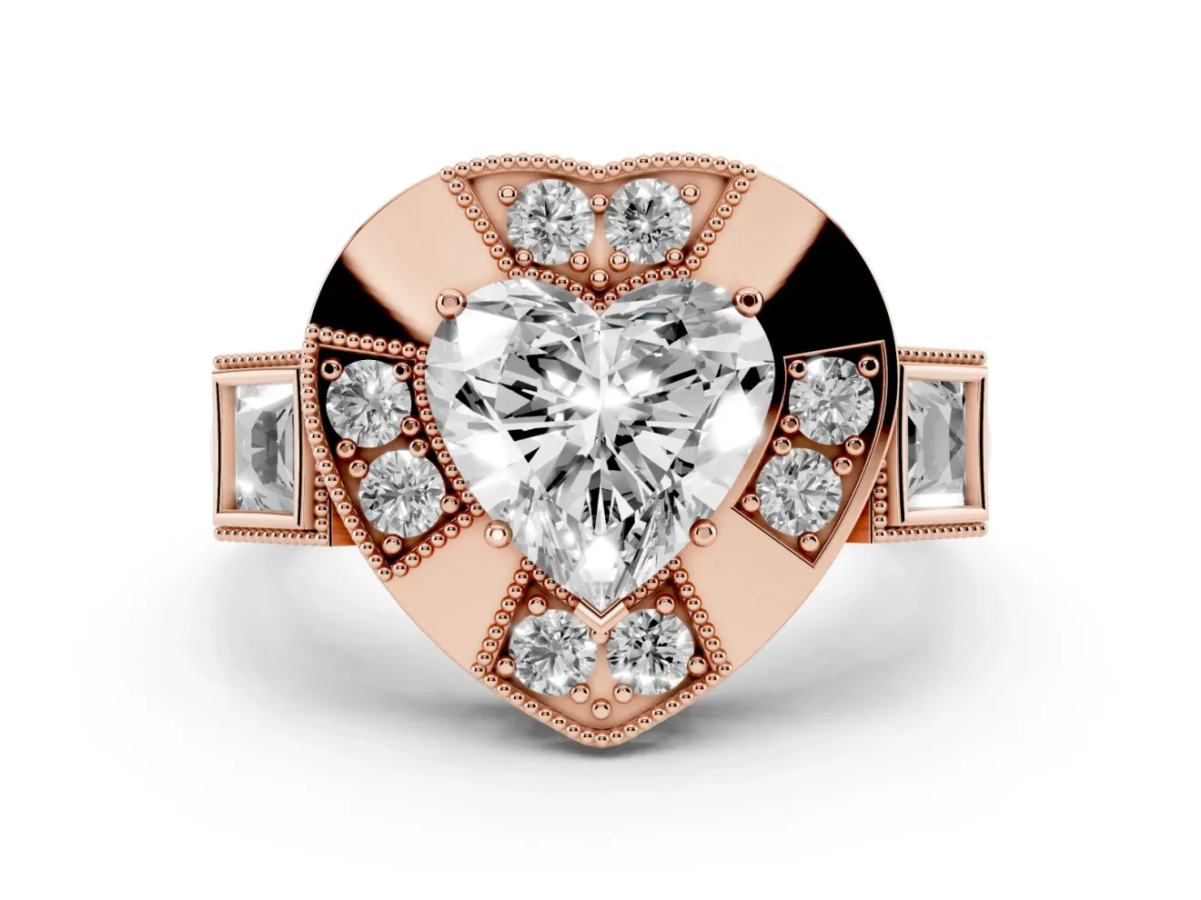 Heart-Shaped Milgrain Sectioned Halo Engagement Ring Setting | Square-Framed Sides | Rose Gold