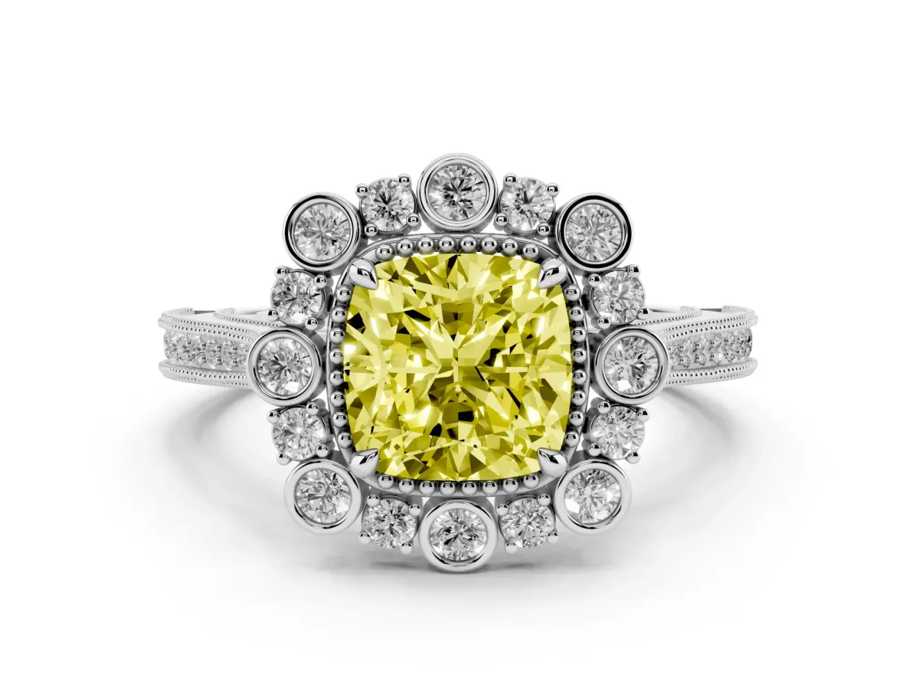 Fancy Yellow Cushion Cut Diamond Halo Milgrain Pavé Ring Set in Silver with Prong Setting