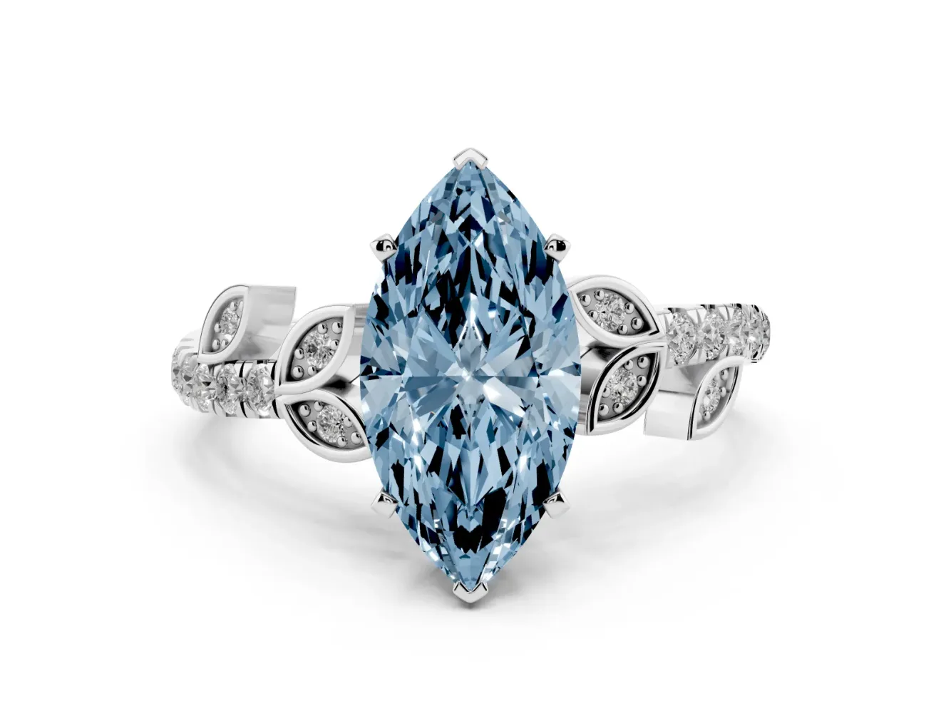 Fancy Blue Marquise Cut Diamond Solitaire Leaf-Inspired Ring Set in Silver with Pavé Band and Prong Setting