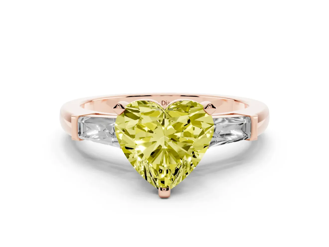 Fancy Yellow Heart Cut Diamond Solitaire Ring Set in Rose gold with Tapered Baguette Side Stones and Prong Setting