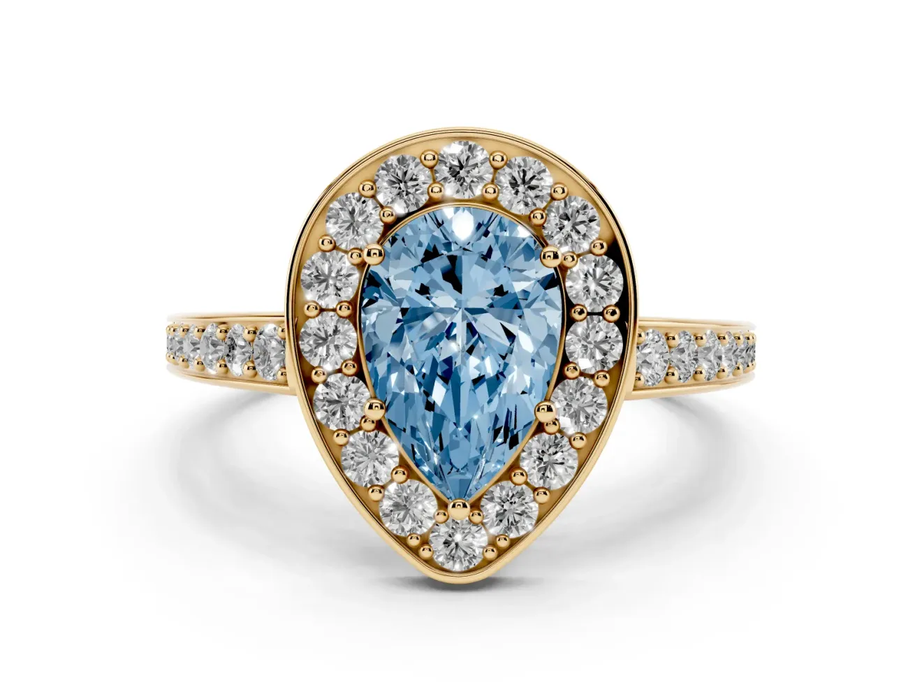 Pear-Shaped Framed Halo Engagement Ring Setting for a Fancy Blue Lab-Grown Diamond | Yellow Gold