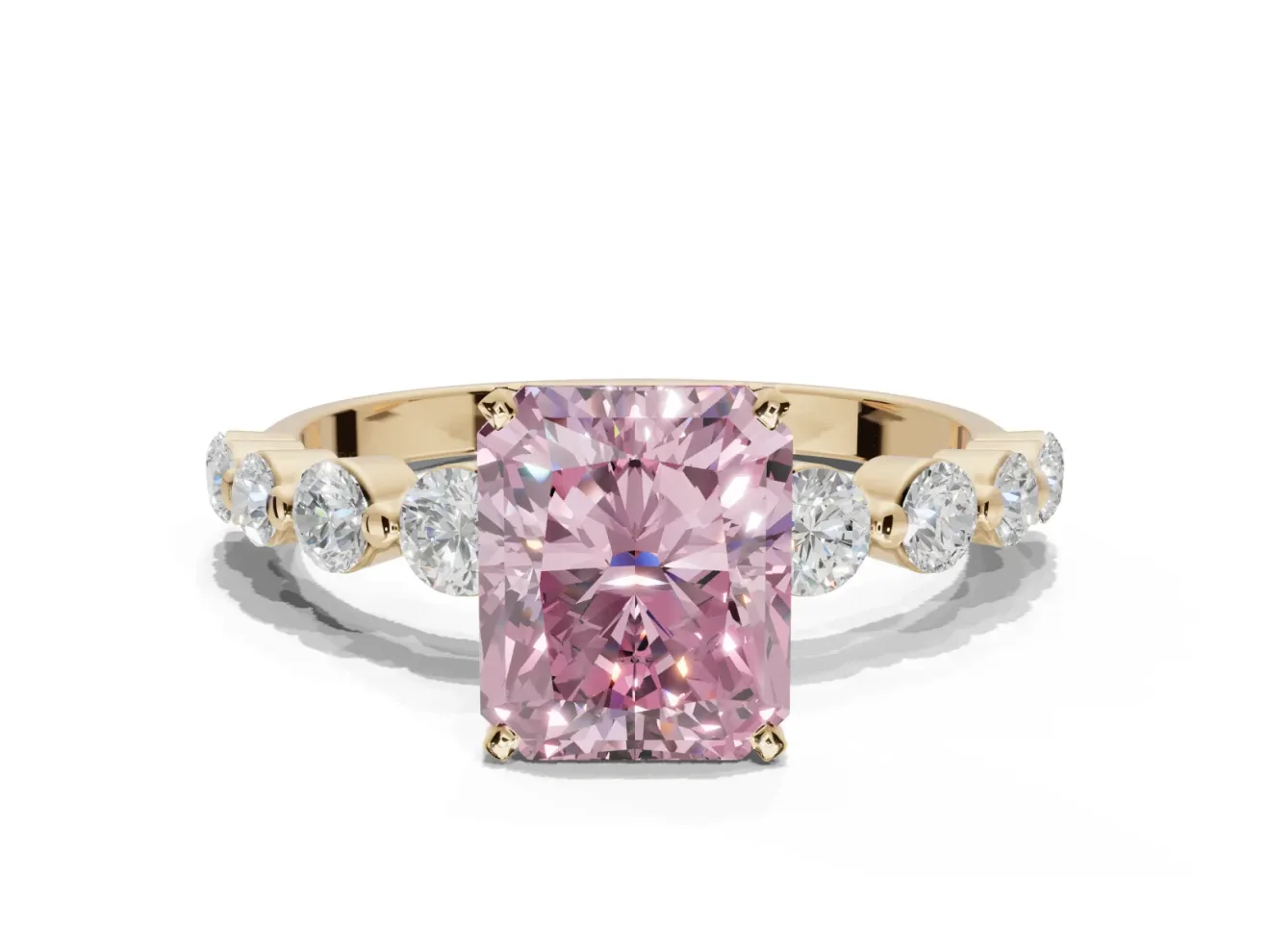 Radiant Cut Graduated Side Stone Engagement Ring Setting for a Fancy Pink Lab-Grown Diamond | Yellow Gold