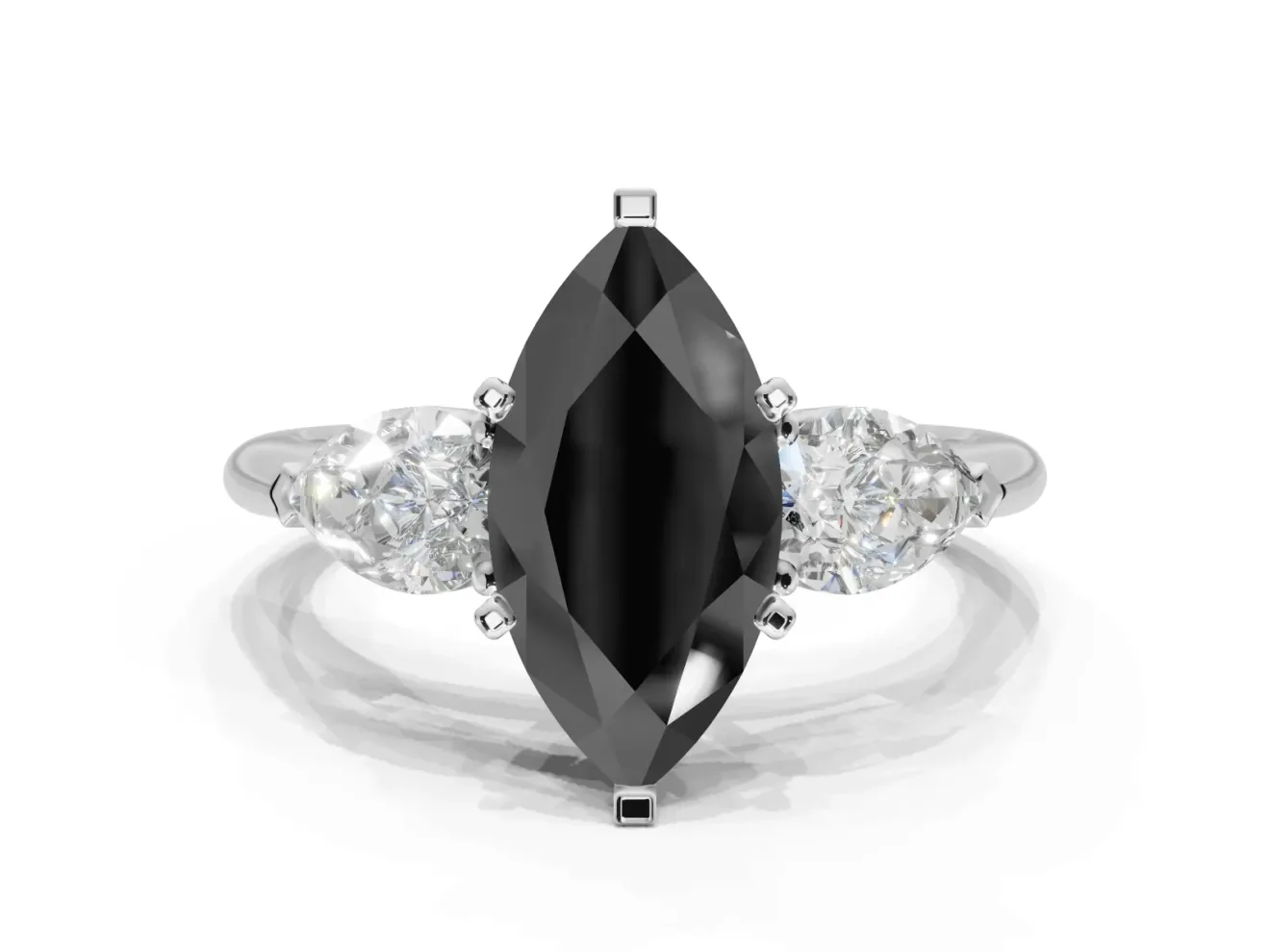 Marquise Three-Stone Engagement Ring Setting for a Black Center | Pear Side Stones | Sterling Silver