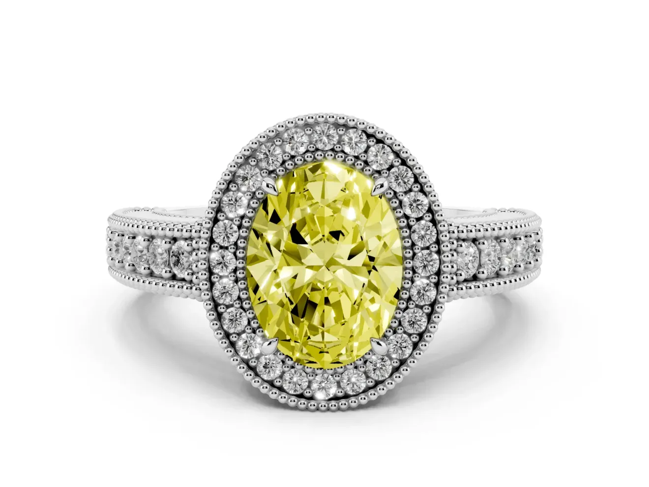 Fancy Yellow Oval Cut Diamond Halo Ring Set in Silver with Round Accent Halo, Pavé Band and Prong Setting