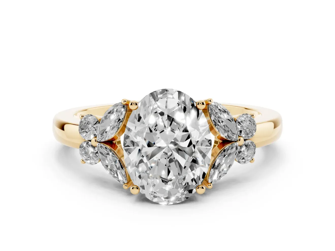 Oval Petal Accent Engagement Ring Setting | Marquise and Round Sides | Yellow Gold