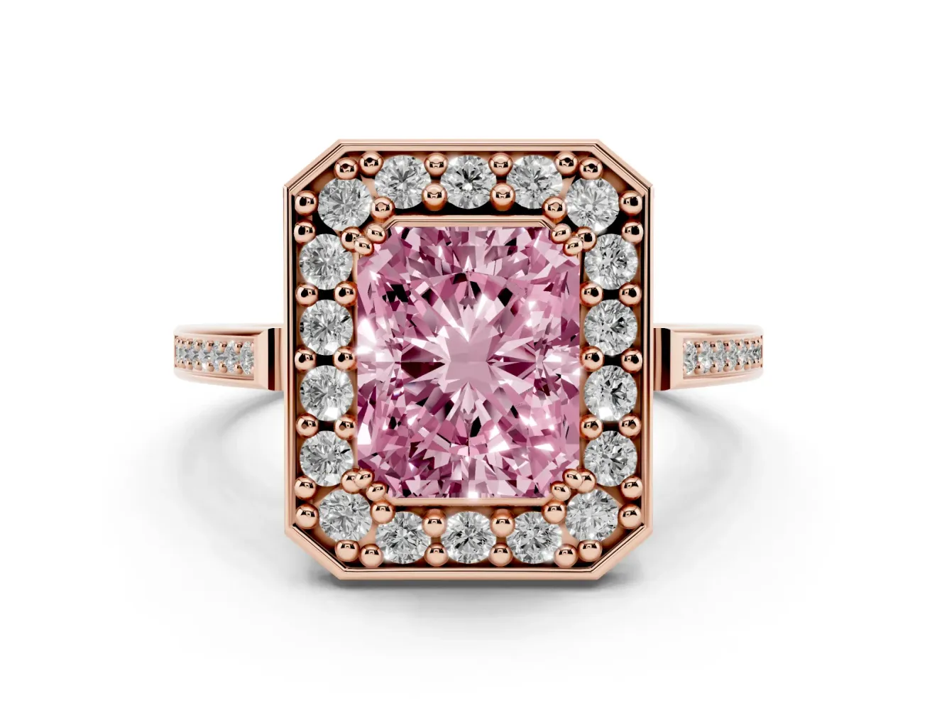 Radiant Cut Halo Engagement Ring Setting for a Fancy Pink Lab-Grown Diamond | Polished Halo Rim | Rose Gold