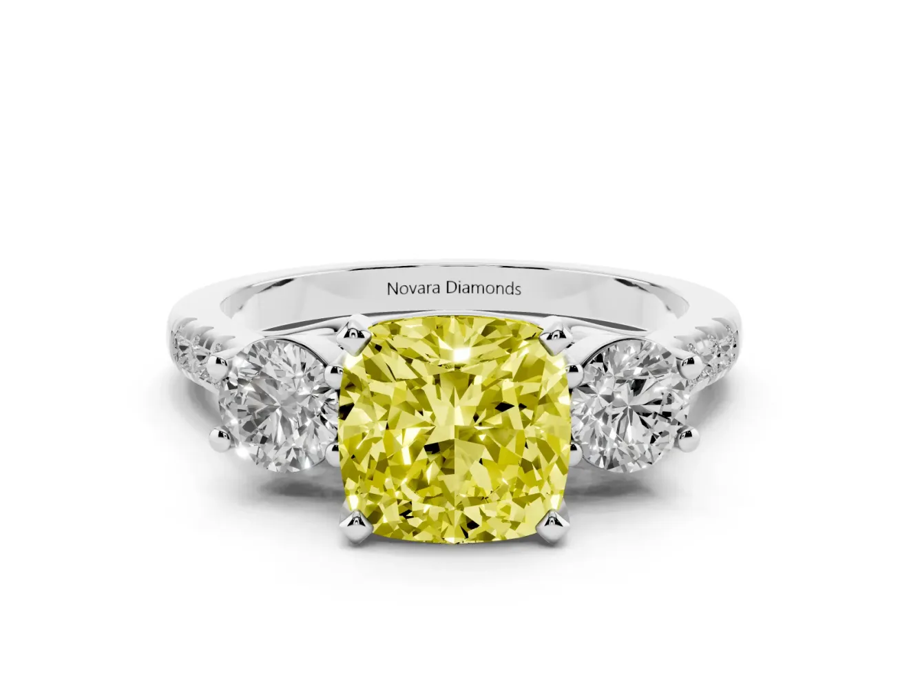 Fancy Yellow Three-Stone Cushion Cut Diamond Pavé Band Ring Set in Platinum with Prong-Set Trio