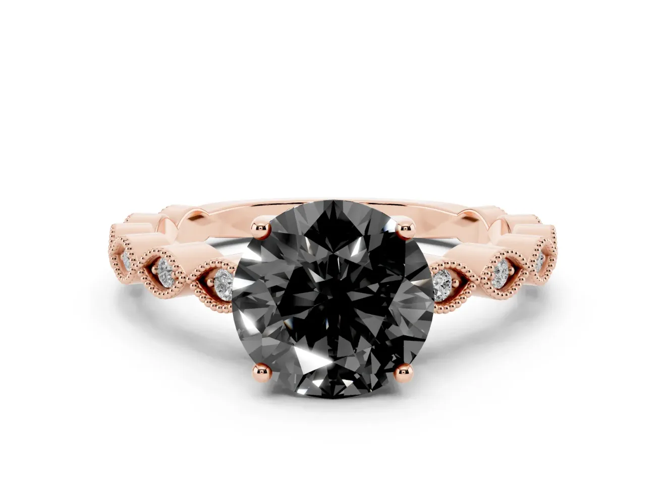 Fancy Black Round Cut Diamond Solitaire Ring Set in Rose gold with Infinity Twist Pavé Band