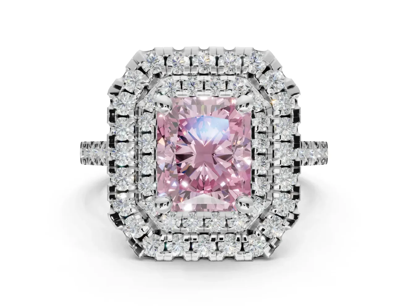 Fancy Pink Radiant Cut Lab-Grown Diamond Double Halo Statement Ring Set in Sterling Silver with Pavé Band