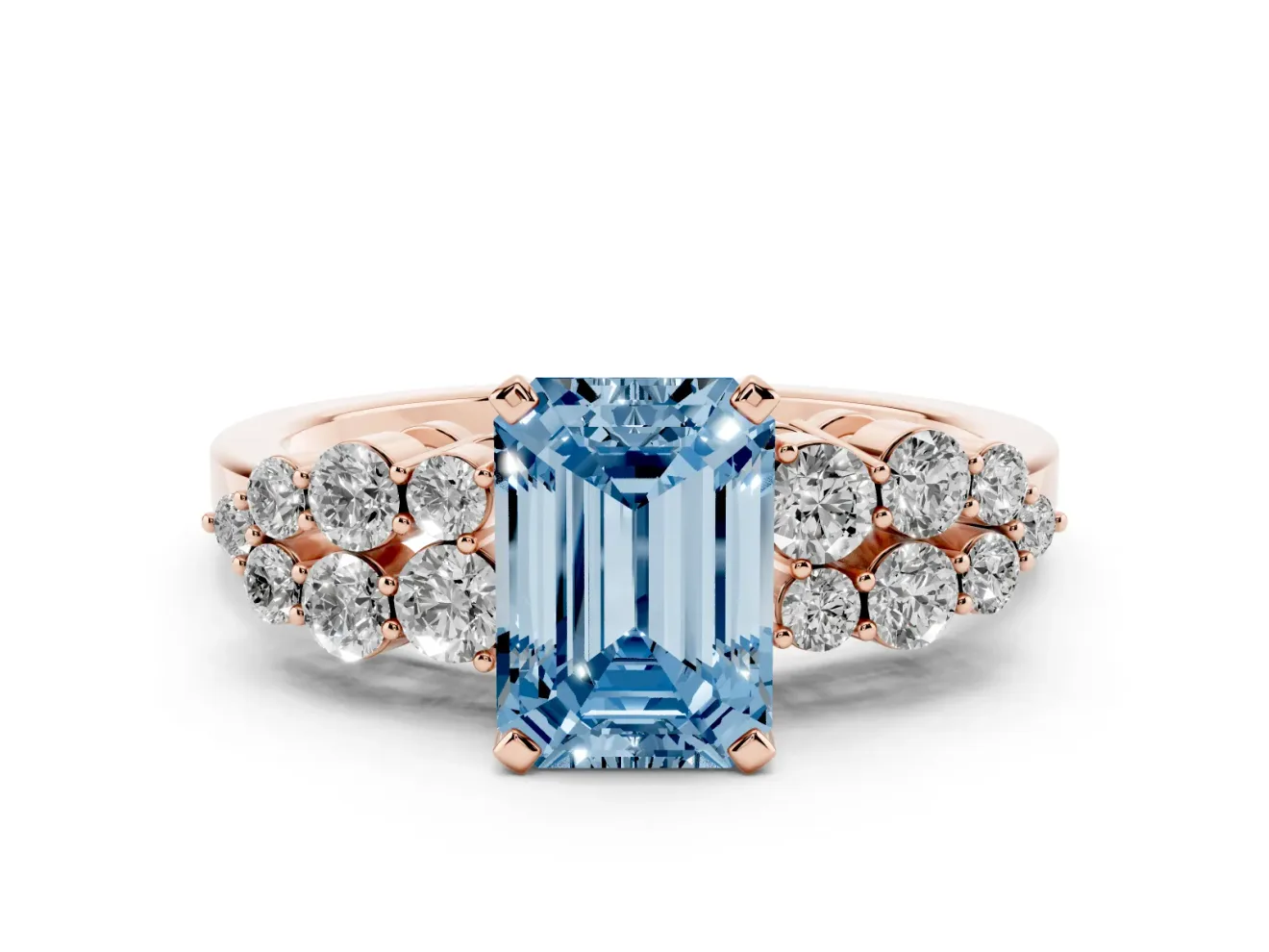 Emerald Cut Side Stone Engagement Ring Setting for a Fancy Blue Lab-Grown Diamond | Shoulder Clusters | Rose Gold