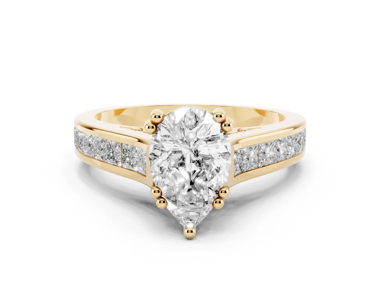 Pear-Shaped Cathedral Channel Set Engagement Ring Setting | Double Claw Prongs | Yellow Gold