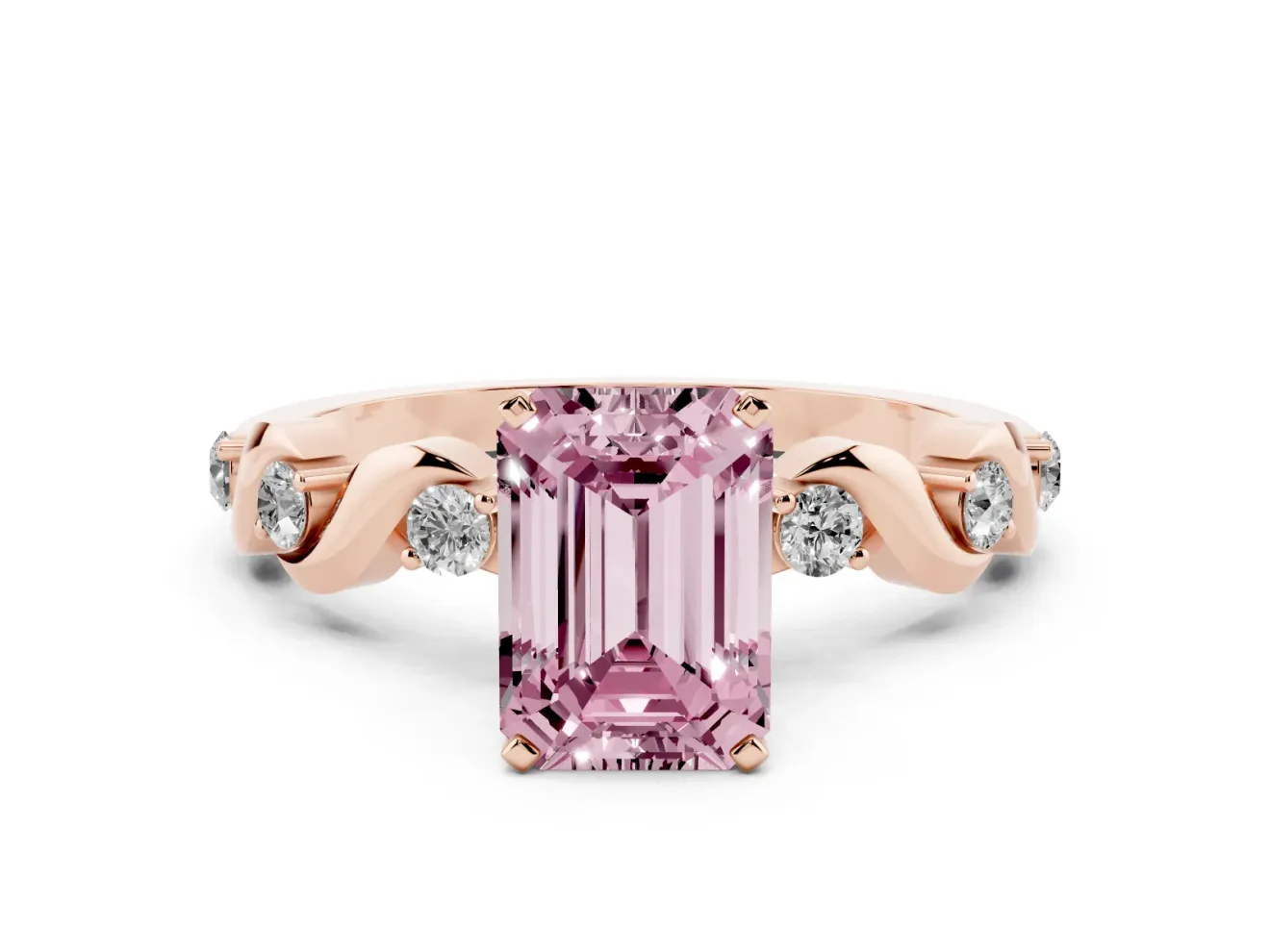Fancy Pink Emerald Cut Diamond Solitaire Ring Set in Rose gold with Ribbon Twist Band, Round Accents and Prong Setting
