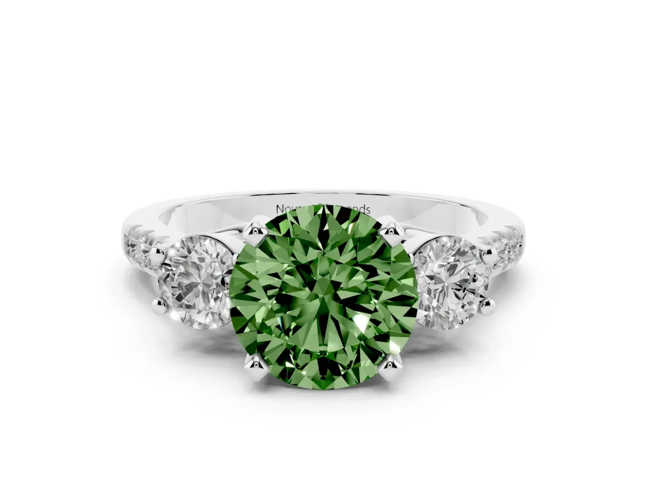 Fancy Green Three-Stone Round Cut Diamond Pavé Band Ring Set in Silver with Prong-Set Trio
