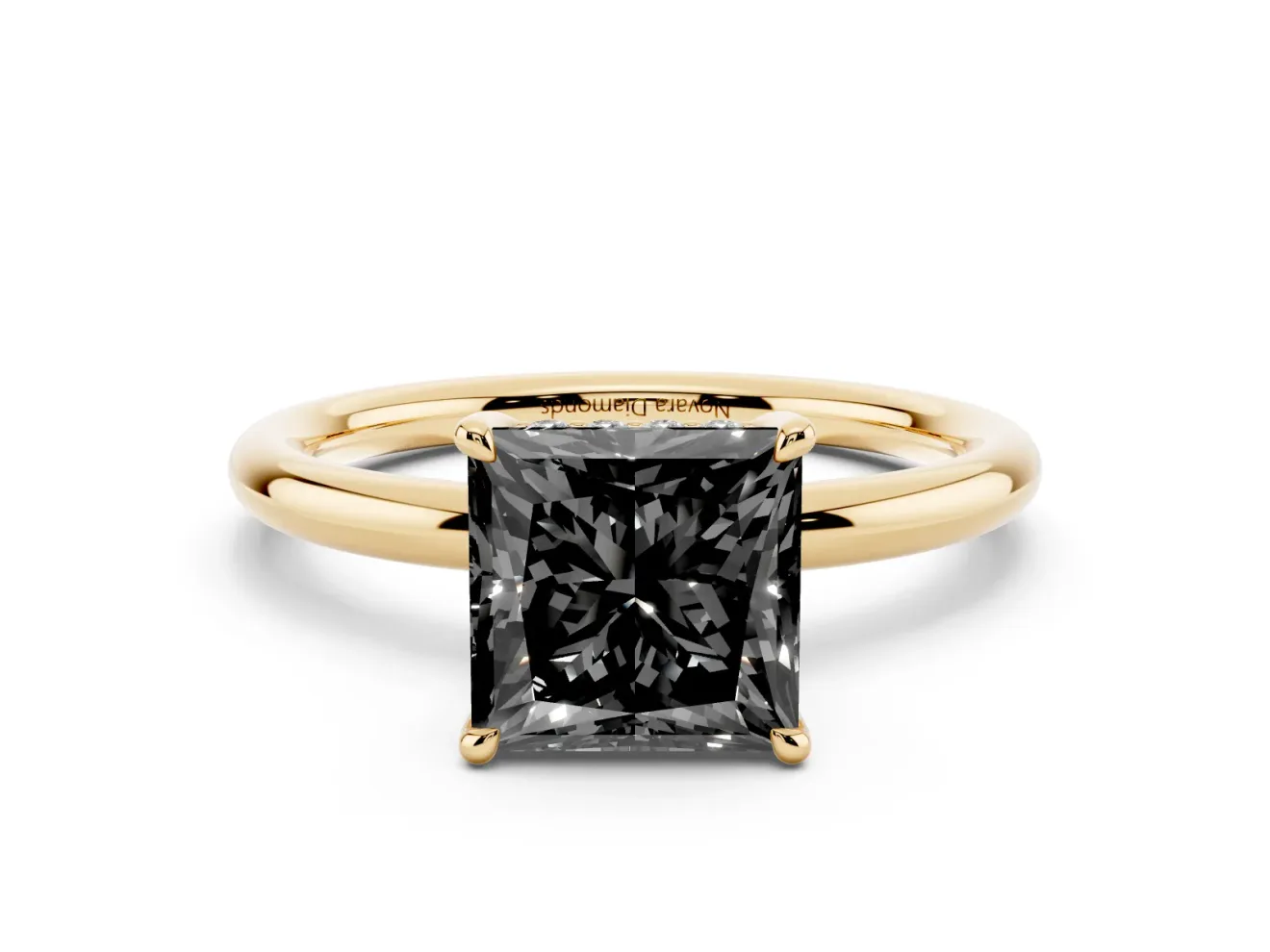 Princess Cut Hidden Halo Engagement Ring Setting for a Black Center | Thin Plain Band | Yellow Gold