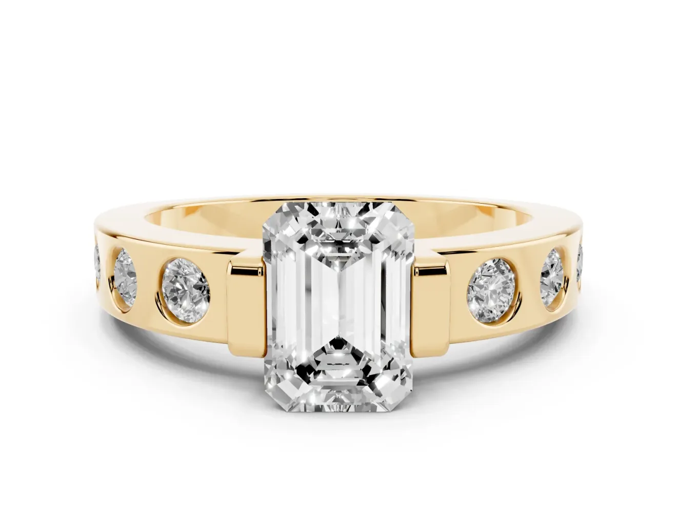 Emerald Cut Tension Style Engagement Ring Setting | Flush Set Accents | Yellow Gold
