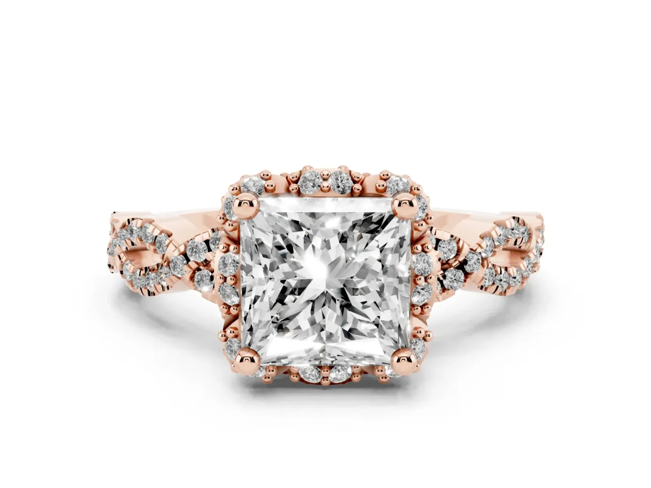 Princess Cut Milgrain Halo Engagement Ring Setting | Graduated Shoulders | Rose Gold