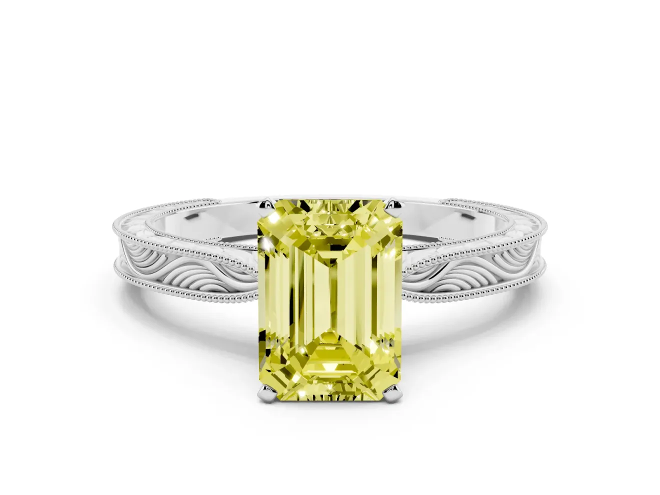 Emerald Cut Engraved Engagement Ring Setting for a Fancy Yellow Lab-Grown Diamond | Platinum
