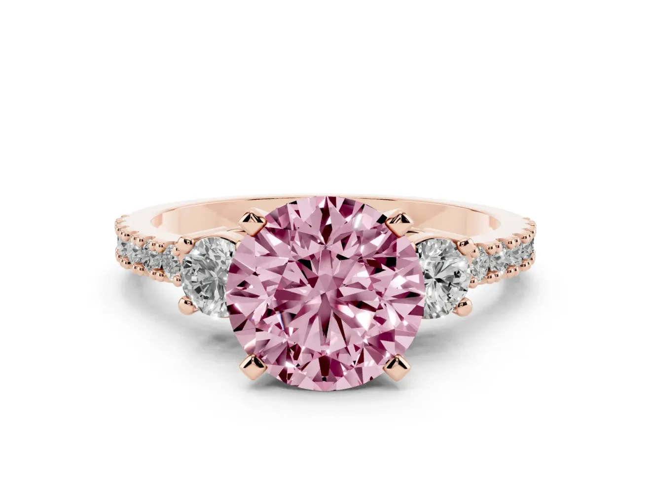 Fancy Pink Three-Stone Round Cut Diamond Pavé Band Ring Set in Rose gold with Prong Setting