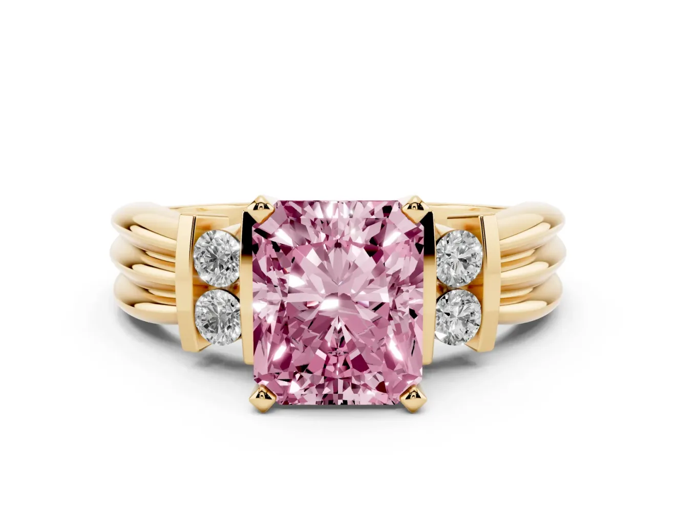 Fancy Pink Three-Stone Radiant Cut Diamond Channel Set Ring Set in Yellow gold with Bar Prongs