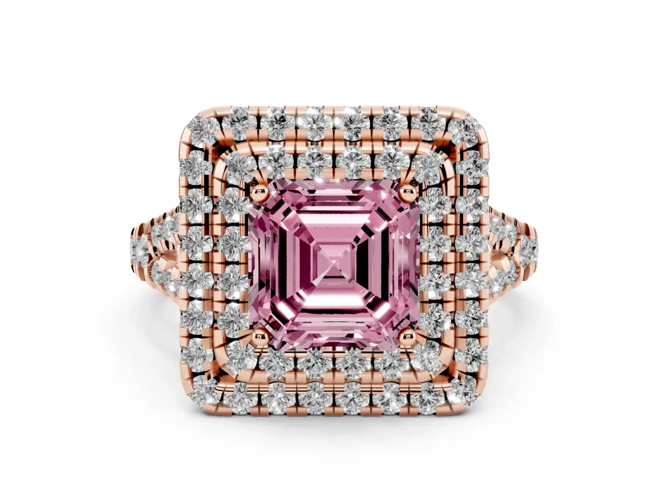 Asscher Cut Halo Split Shank Engagement Ring Setting for a Fancy Pink Lab-Grown Diamond | Pavé Strands | Rose Gold