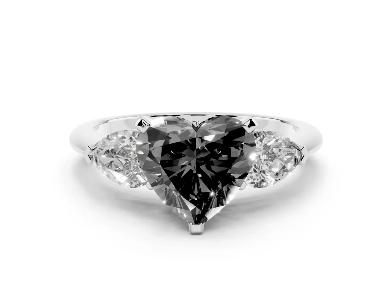 Fancy Black Three-Stone Heart Cut Diamond Ring Set in Silver with Pear Side Stones and Prong Setting