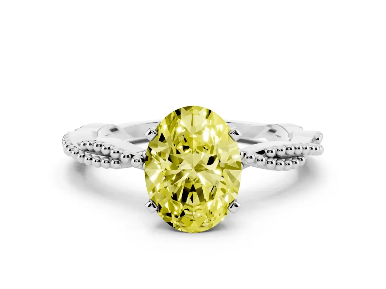 Fancy Yellow Oval Cut Diamond Solitaire Ring Set in Silver with Twisted Band and Bead Prong Setting