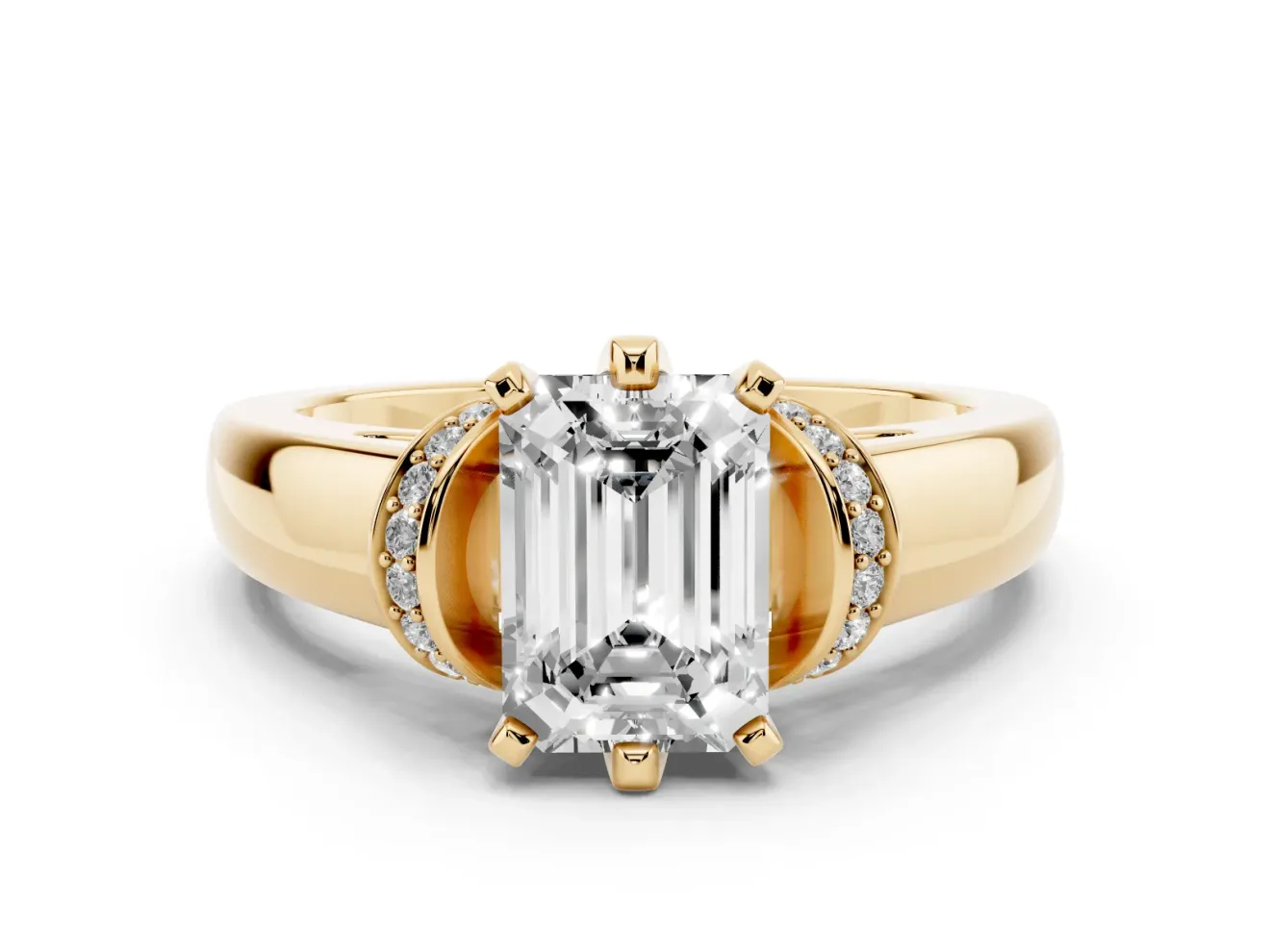 Emerald Cut Pavé Collar Solitaire Engagement Ring Setting | Wide Polished Band | Yellow Gold
