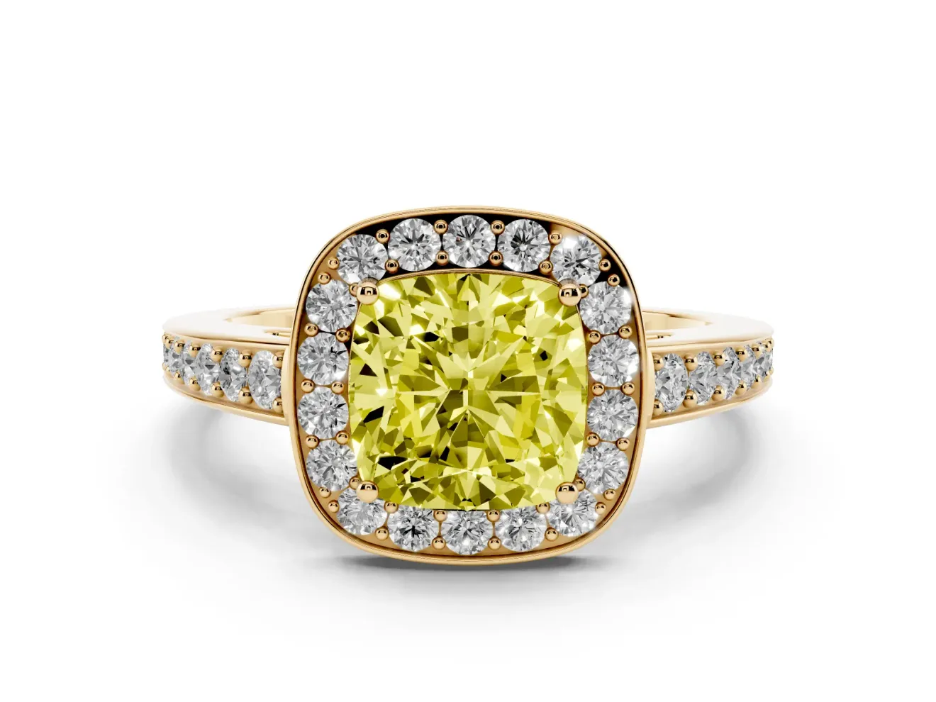 Fancy Yellow Cushion Cut Diamond Halo Pavé Engagement Ring Set in Yellow gold with Bezel Setting
