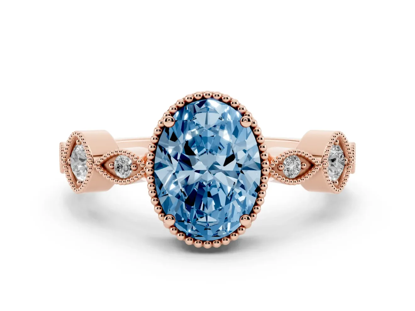Fancy Blue Oval Cut Diamond Vintage-Inspired Milgrain Ring Set in Rose gold with Marquise Stations of Round Accents