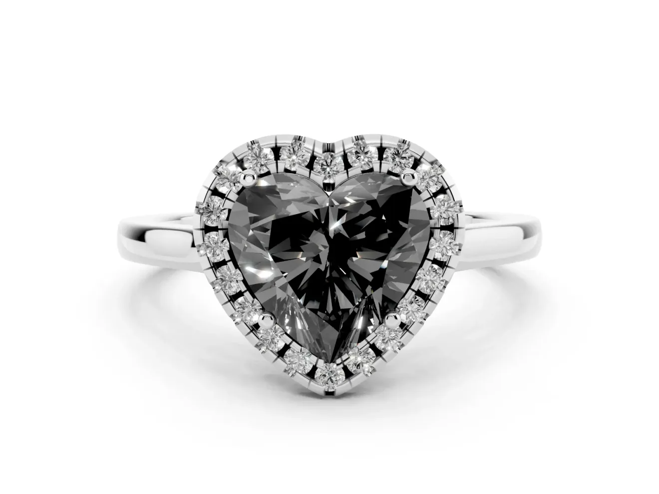 Fancy Black Heart Cut Halo Round Diamond Solitaire Ring Set in White gold with Pavé Band and Prong Setting