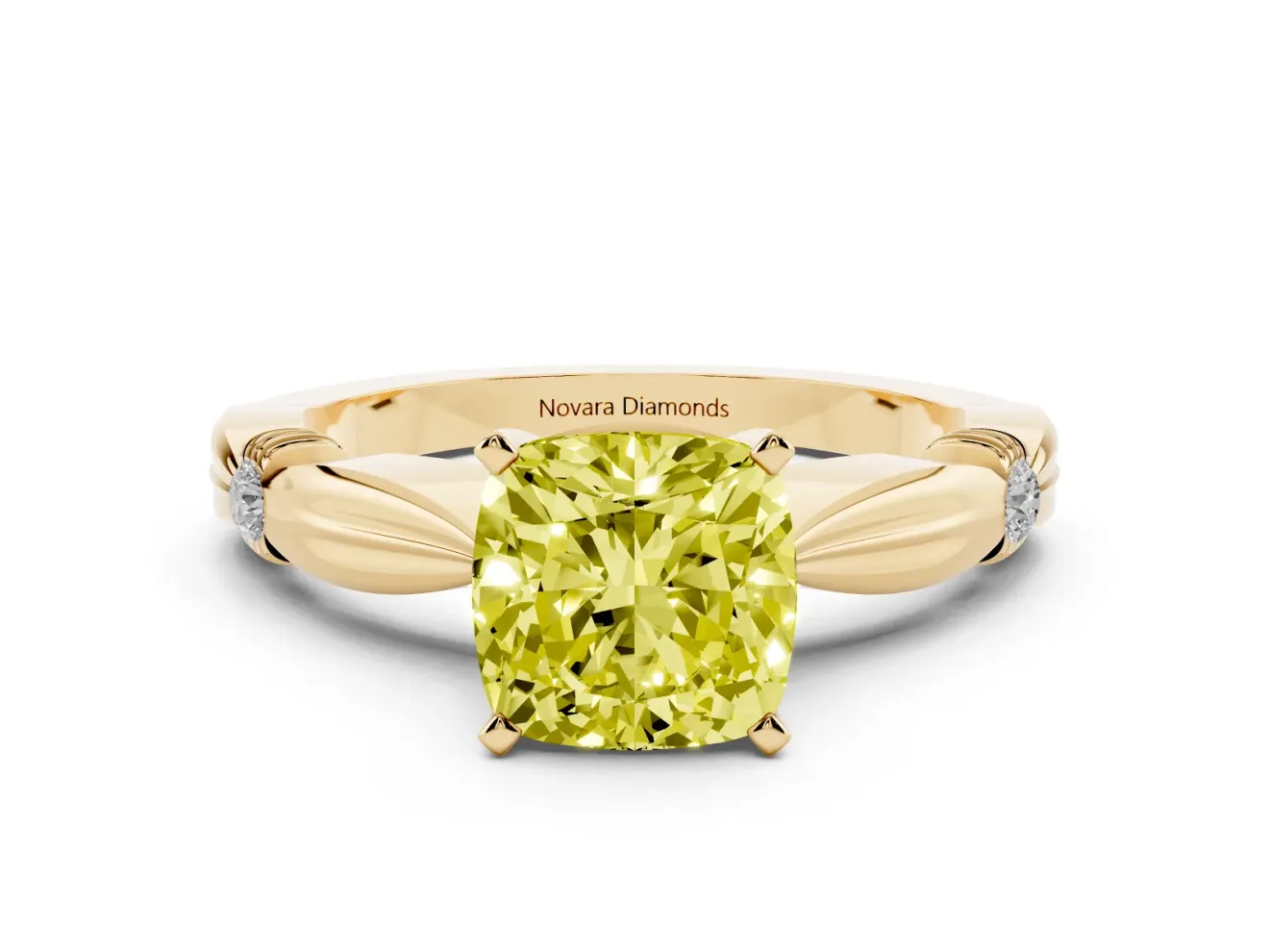 Fancy Yellow Cushion Cut Diamond Solitaire Twisted Band Ring Set in Yellow gold with Accent Stones and Prong Setting