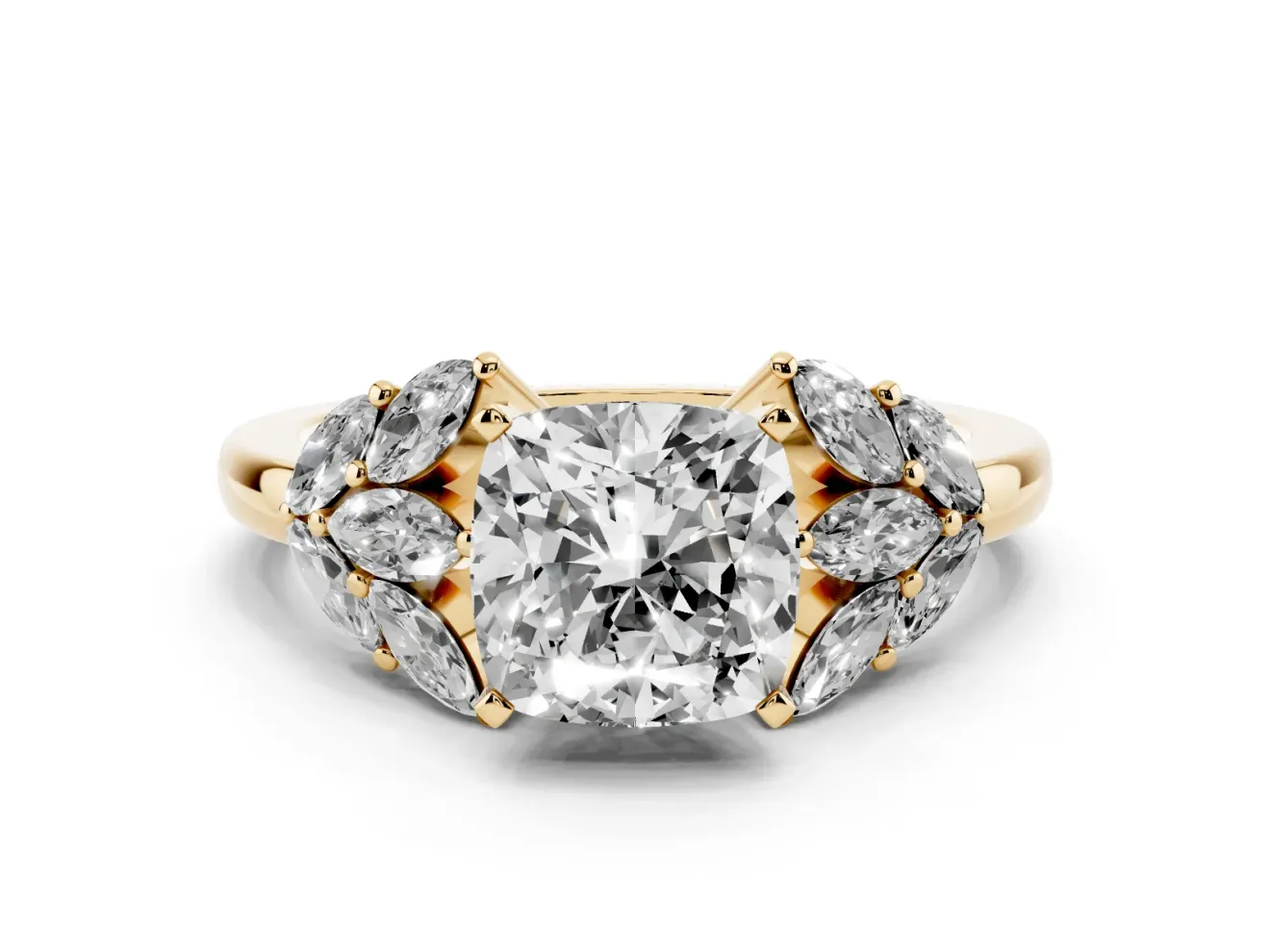 Cushion Cut Leaf Cluster Engagement Ring Setting | Yellow Gold