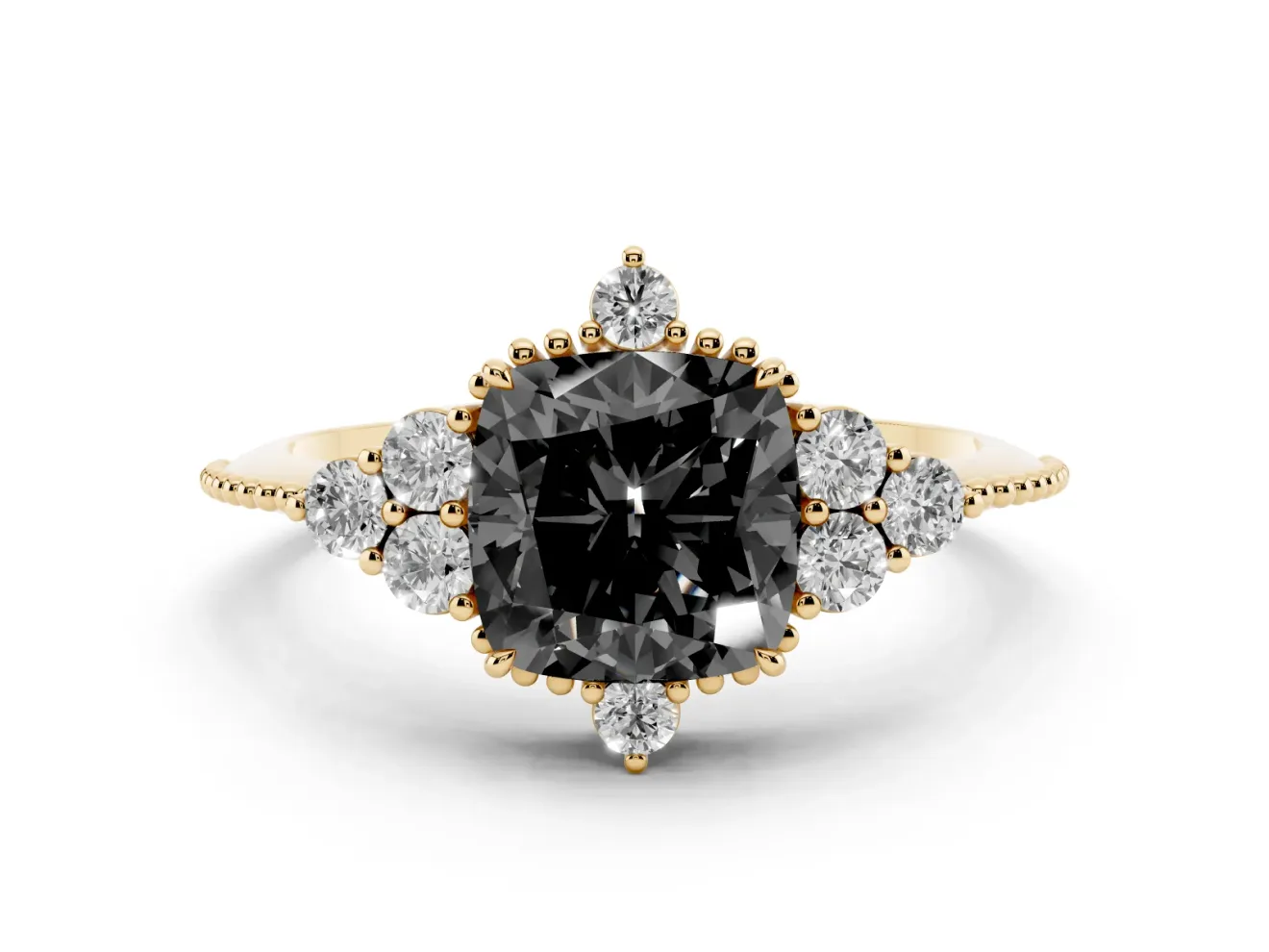 Cushion Cut Vintage Cluster Engagement Ring Setting for a Black Center | Beaded Edges | Yellow Gold