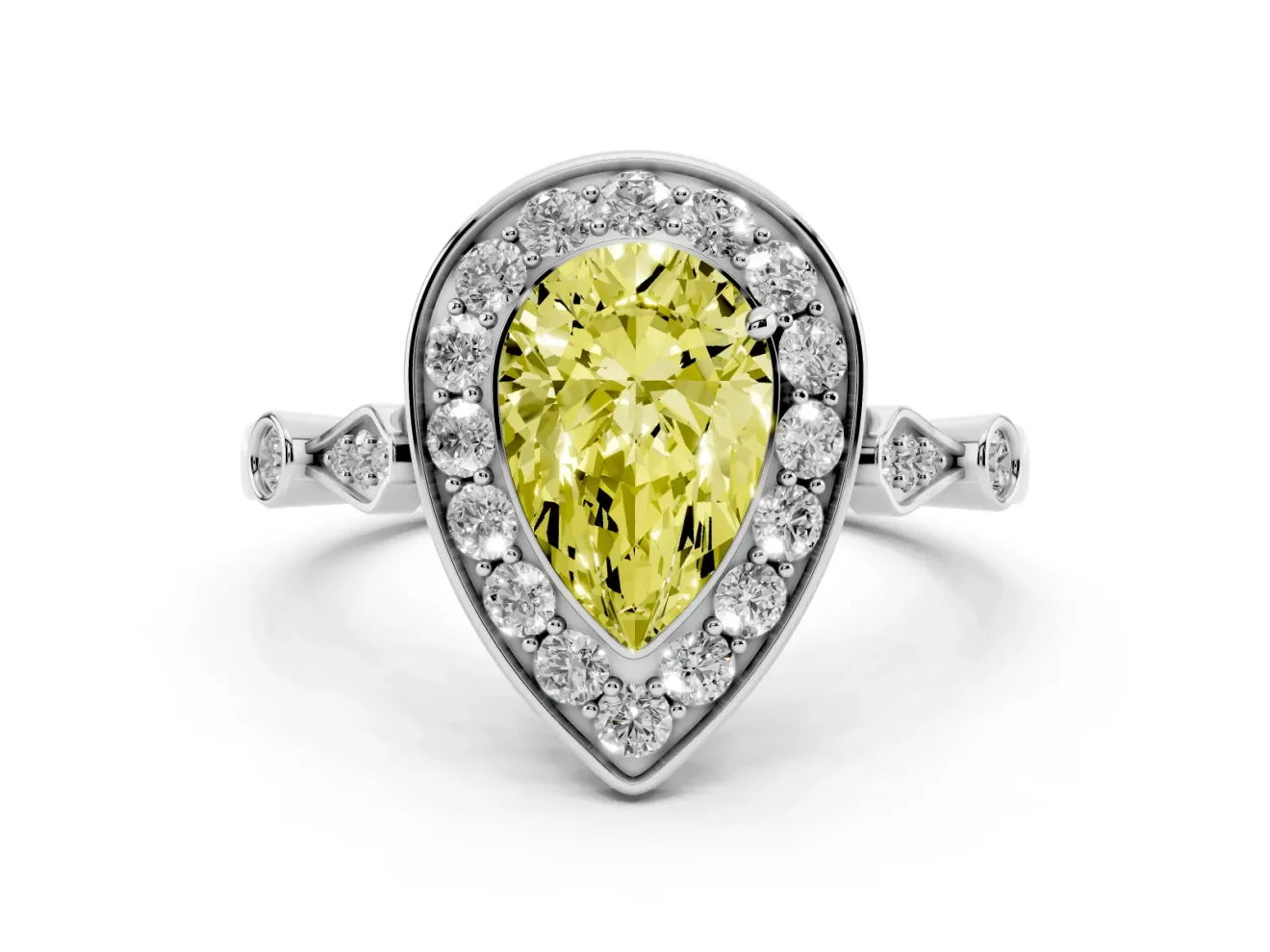Fancy Yellow Pear Cut Diamond Halo Engagement Ring Set in Silver with Twisted Band and Prong Setting
