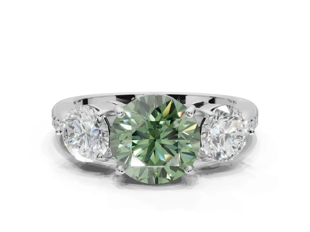 Round Three Stone Engagement Ring Setting for a Fancy Green Lab-Grown Diamond | Tapered Pave Band | White Gold