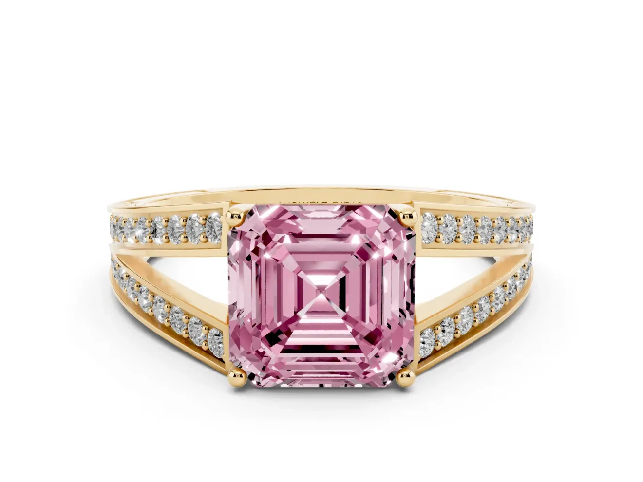 Fancy Pink Asscher Cut Diamond Split Shank Ring Set in Yellow gold with Pavé Band and Prong Setting