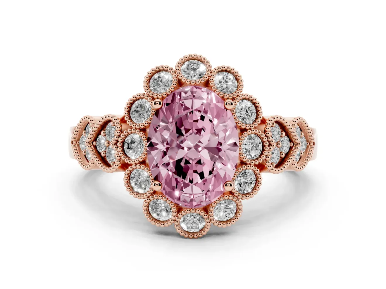 Oval Scalloped Halo Engagement Ring Setting for a Fancy Pink Lab-Grown Diamond | Heart Pavé Band | Rose Gold