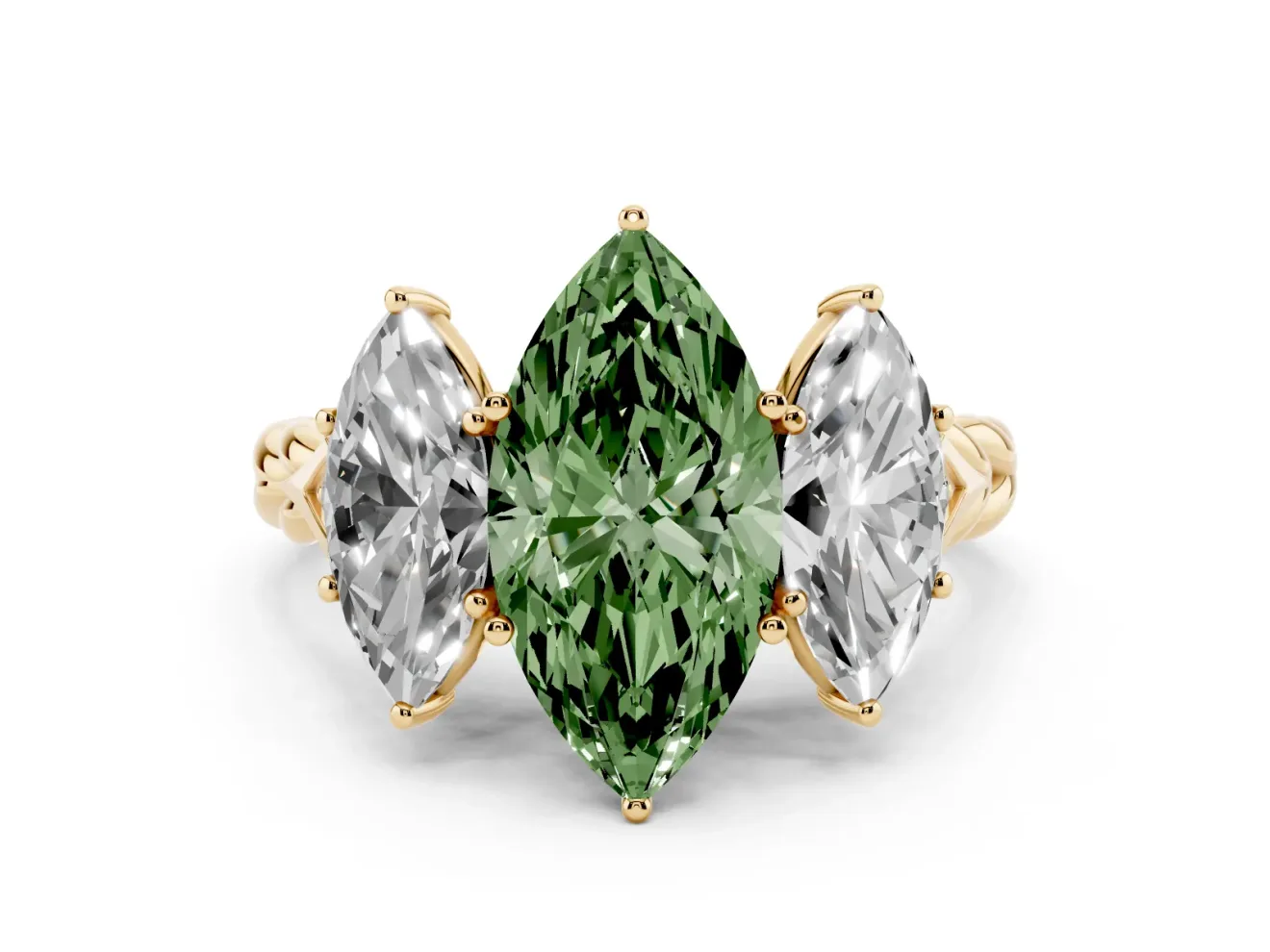 Fancy Green Marquise Cut Diamond Three-Stone Ring Set in Yellow gold with Braided Band