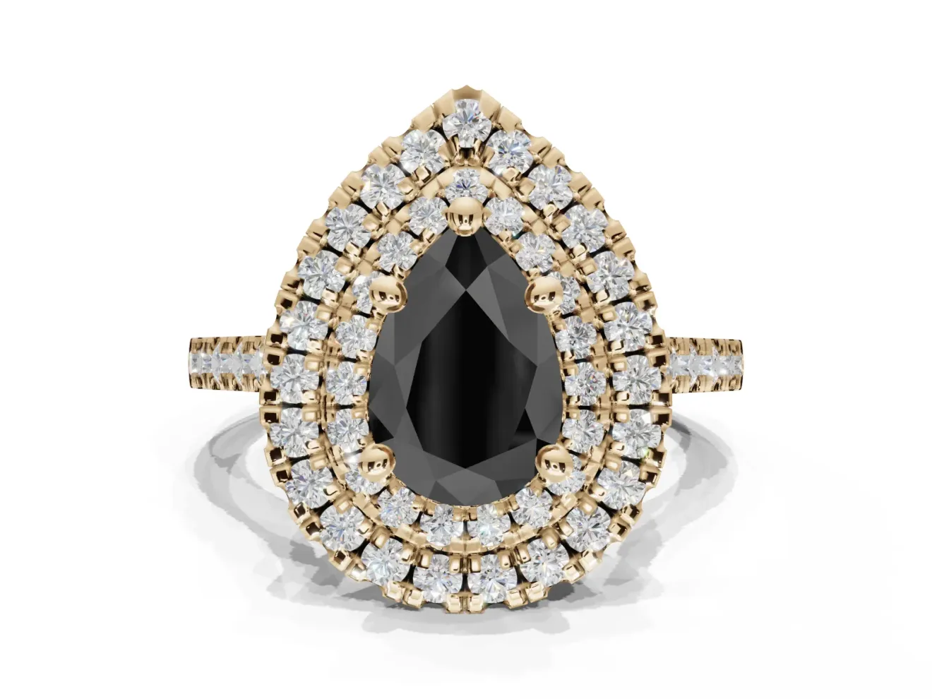 Pear-Shaped Double Halo Engagement Ring Setting for a Black Center | Pavé Shoulders | Yellow Gold