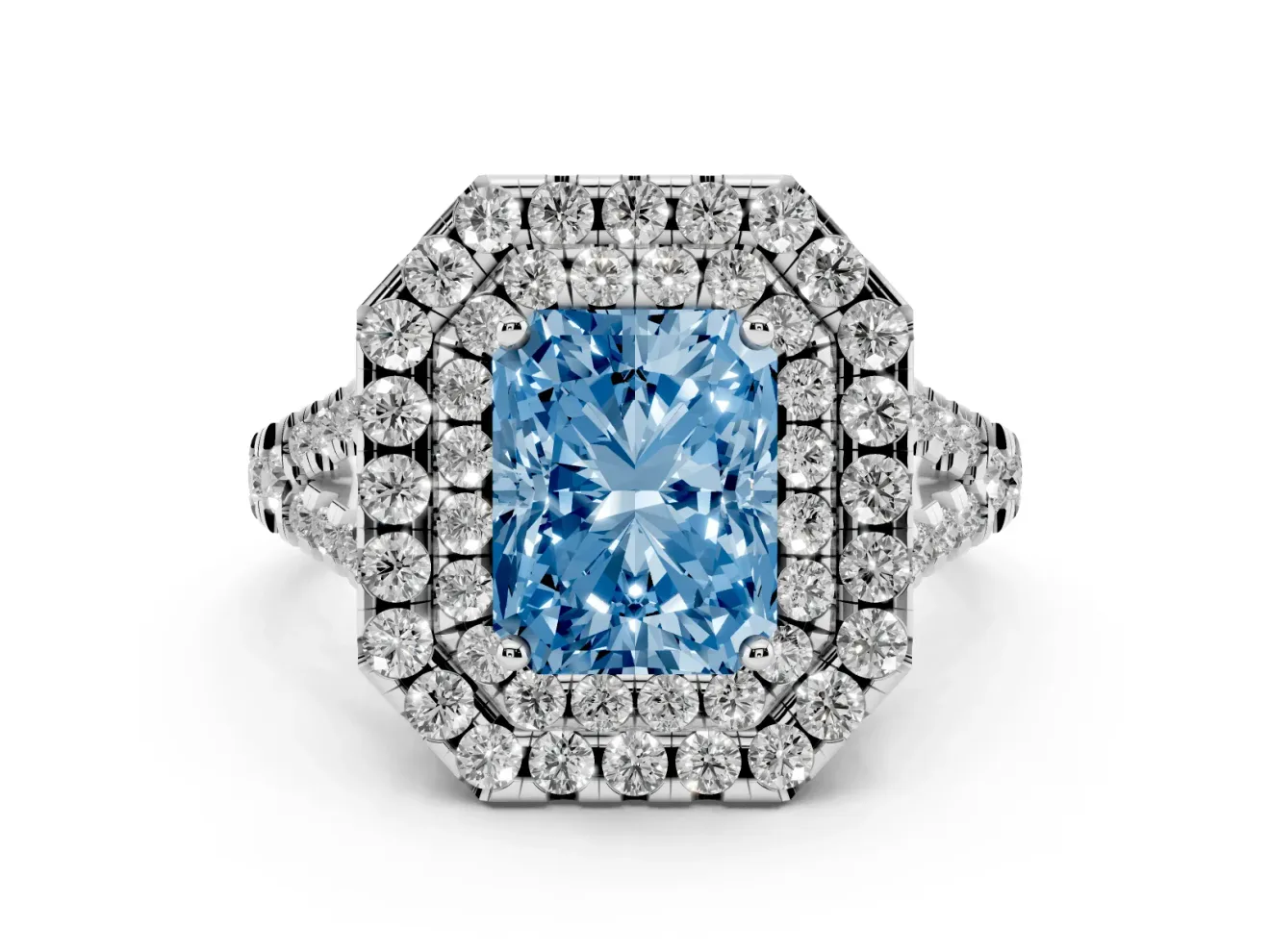 Radiant Cut Halo Split Shank Engagement Ring Setting for a Fancy Blue Lab-Grown Diamond | Sterling Silver