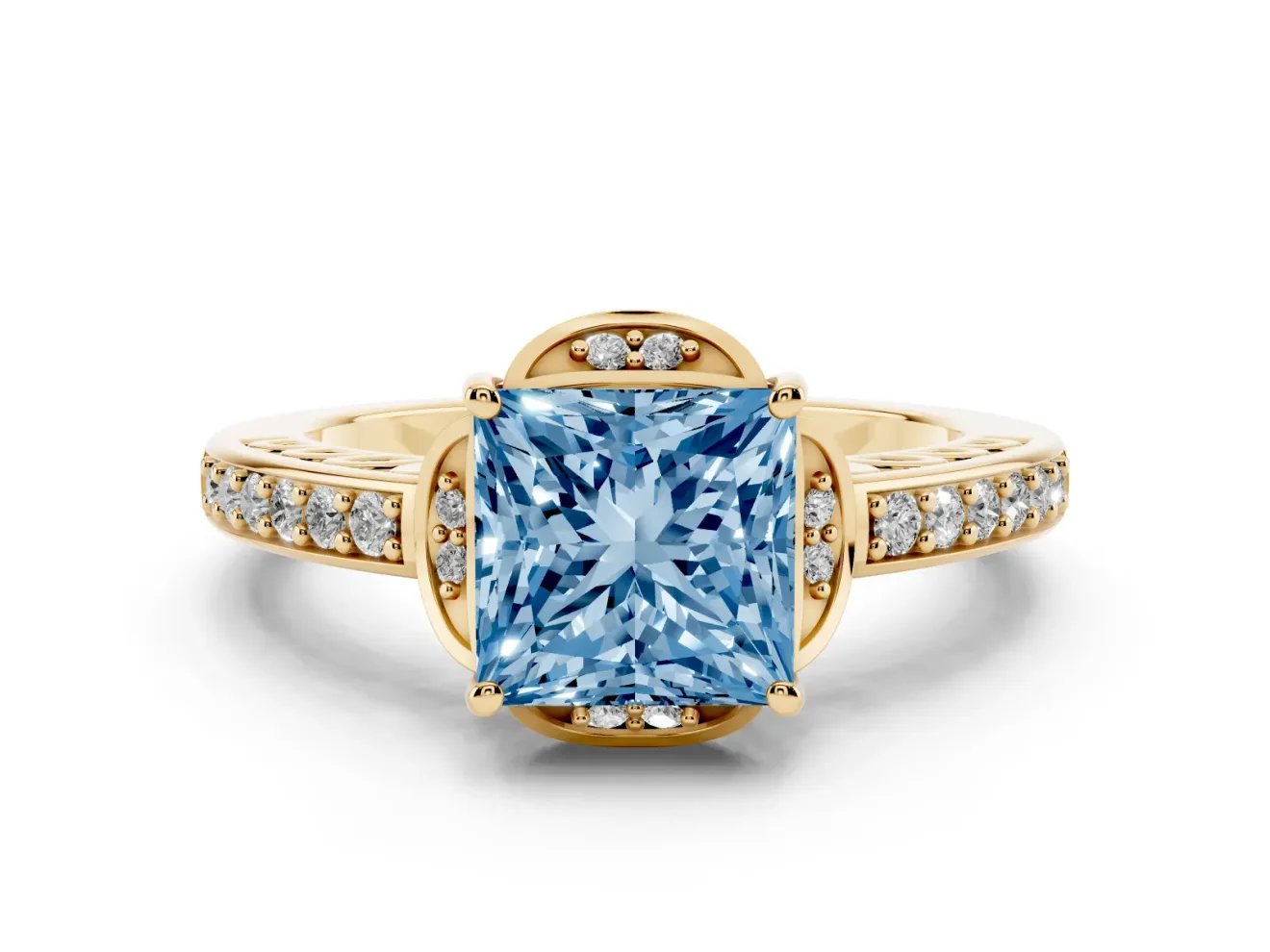 Princess Cut Floral Pavé Engagement Ring Setting for a Fancy Blue Lab-Grown Diamond | Yellow Gold