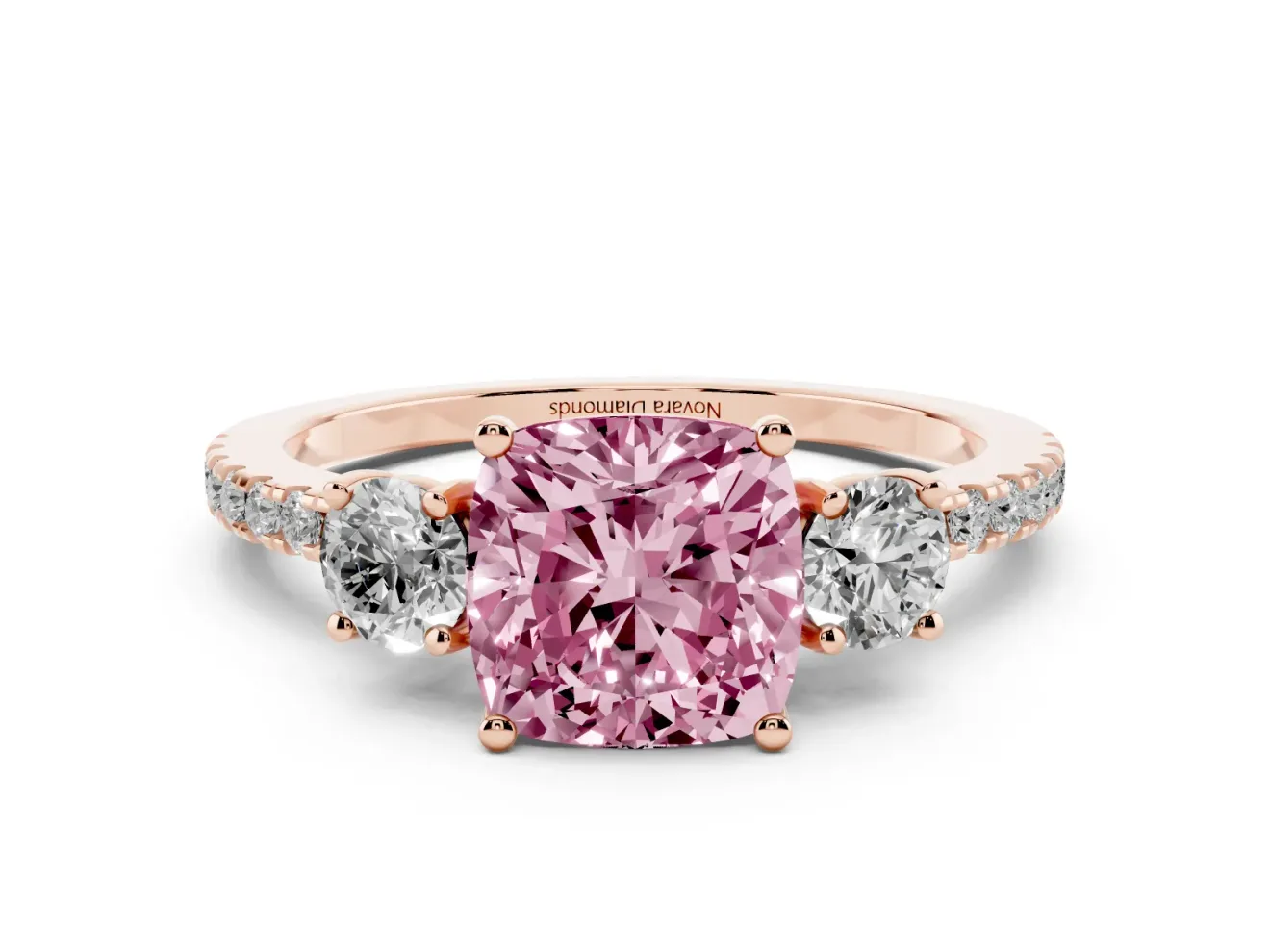 Cushion Cut Three Stone Engagement Ring Setting for a Fancy Pink Lab-Grown Diamond | Pave Shoulders | Rose Gold