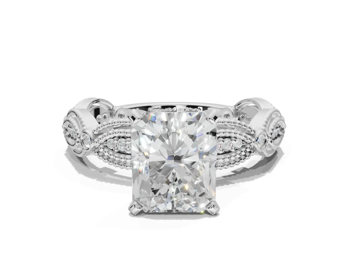 Radiant Cut Vintage Milgrain Engagement Ring Setting | Graduated Stations | Sterling Silver