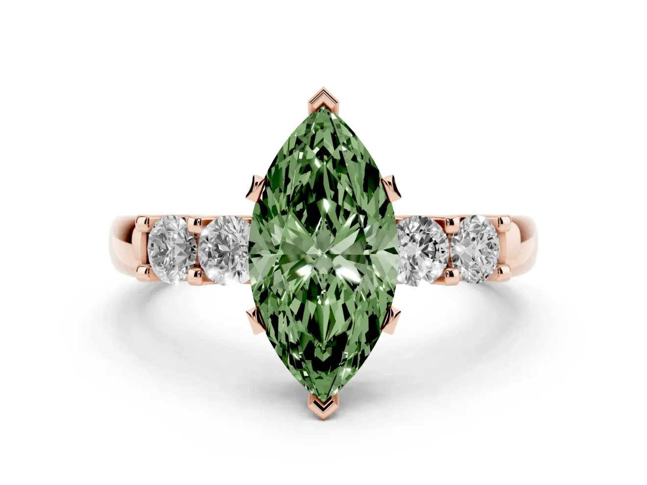 Fancy Green Marquise Cut Diamond Five-Stone Prong Set Engagement Ring Set in Rose gold with Channel Band